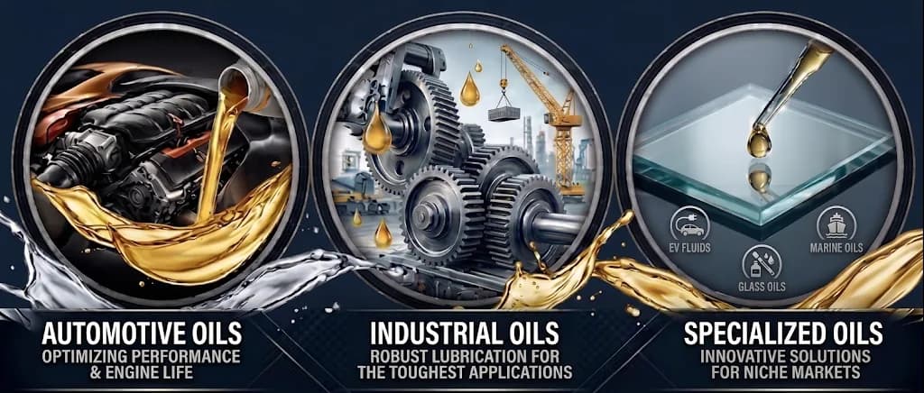 Otomotiv, endüstriyel ve özel uygulama yağlarını gösteren Koçak Grup ürün görseli
